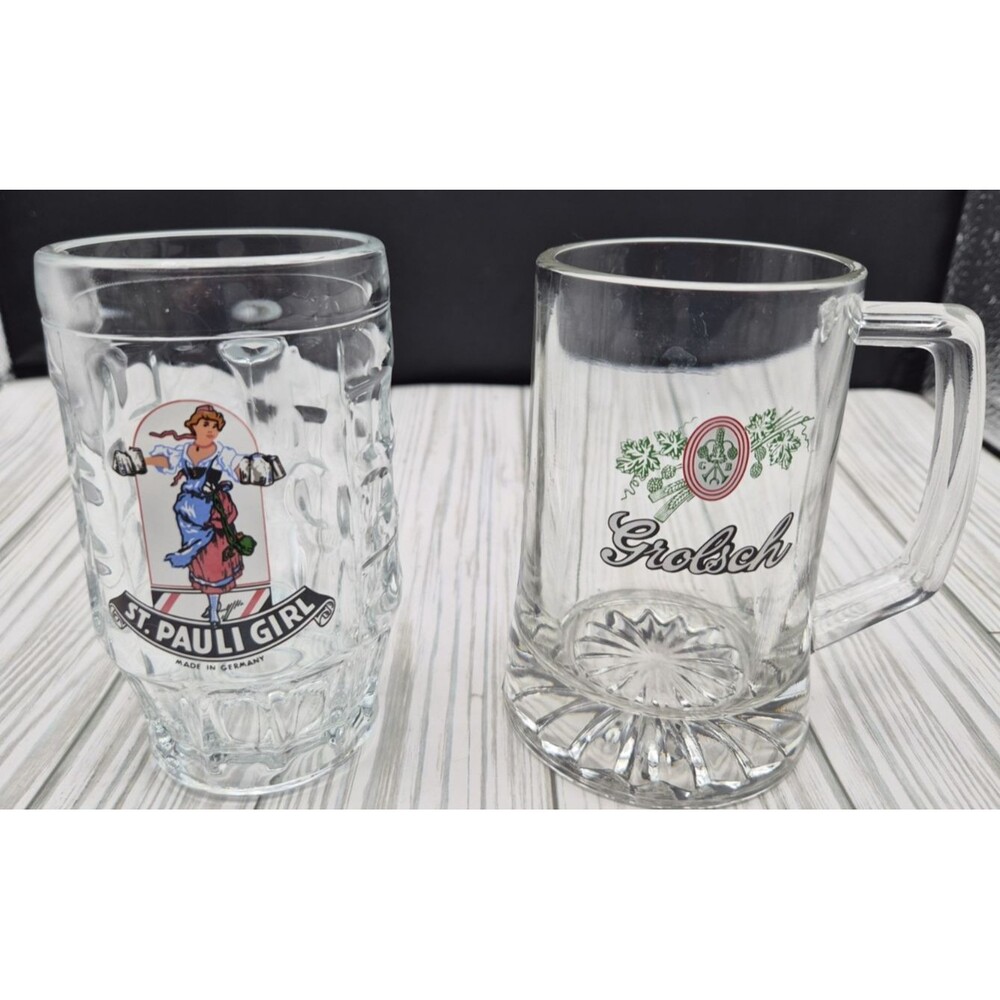 Lot of 2 St Pauli Girl Groter German Beer Mug Steins Heavy Glass Dimpled Barware